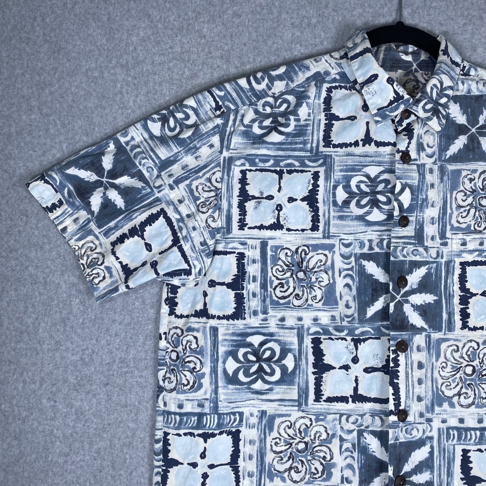 Kahala Button Up Shirt Mens Large Blue Geometric Floral Cotton Hawaii Made - Picture 2 of 16
